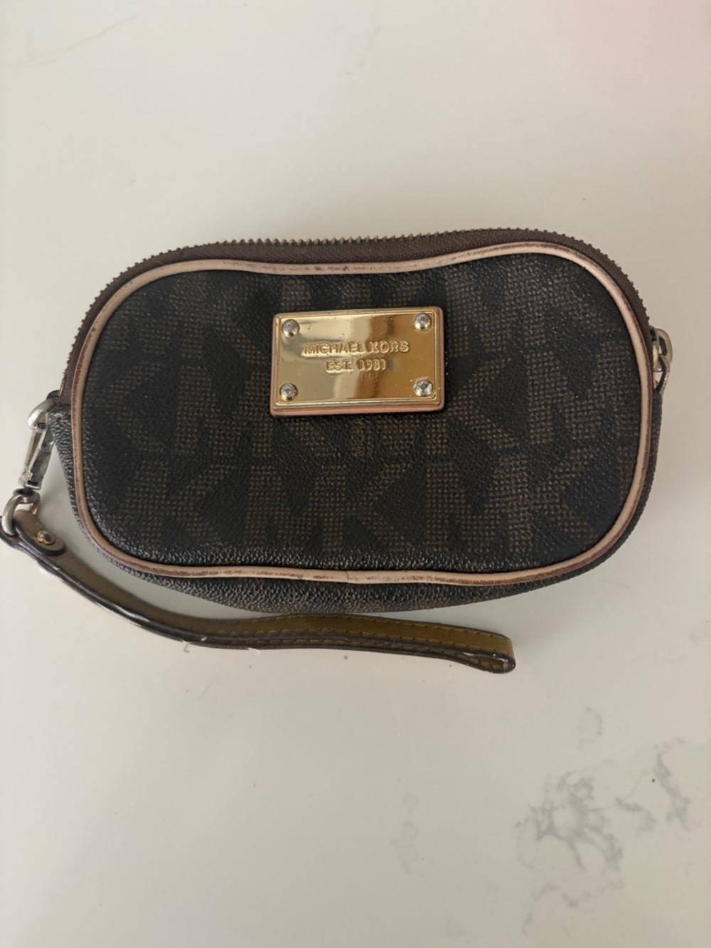 Michael Kors Brown MK Logo Wristlet with Gold Plate
